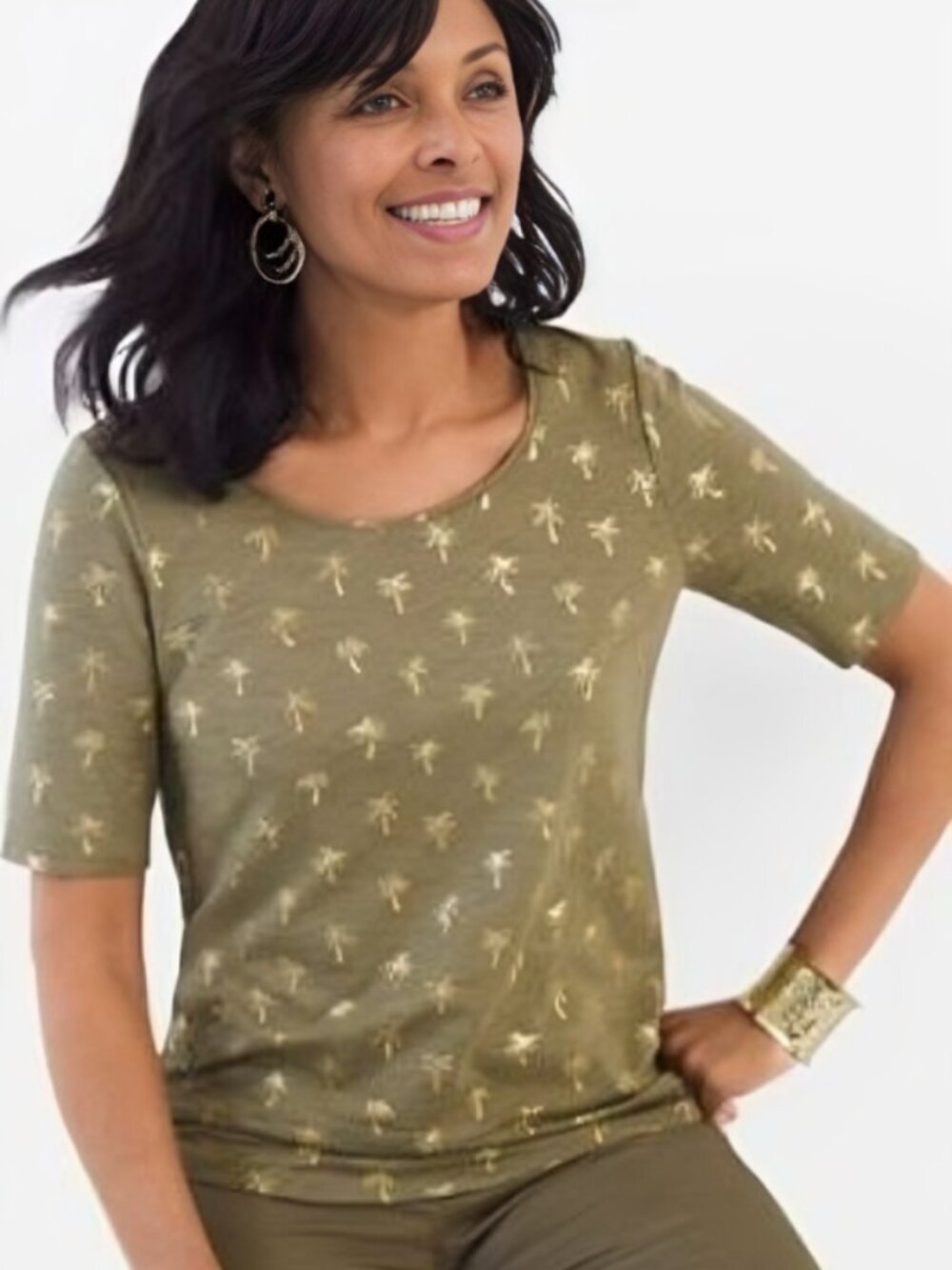 2/$30 Chico's The Ultimate Tee Scoop Neck Palm Print Olive XL/ 16 #A2931